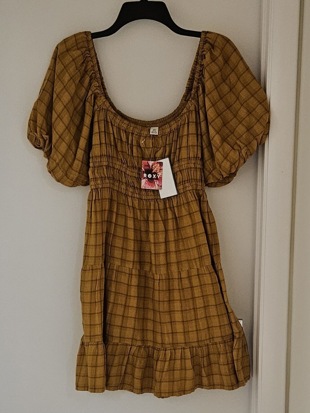 NWT Roxy Sunset Oasis Plaid Puff Sleeve Mini Dress Gold/Brown Large
